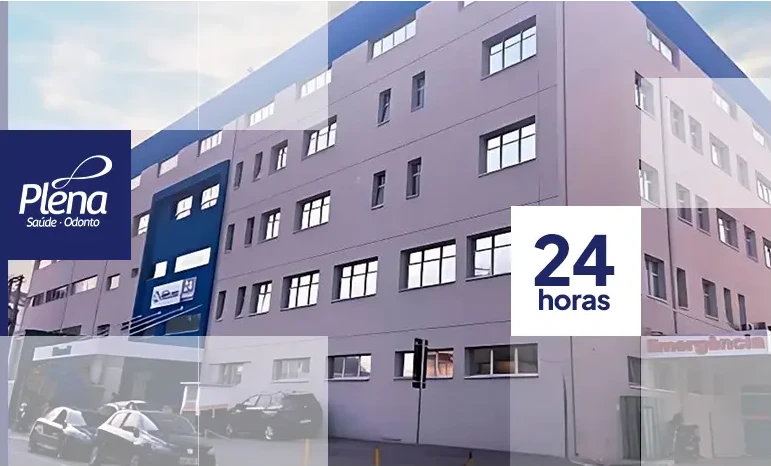 Fachada do Hospital Previna Franco da Rocha, da rede Plena Saúde, com o selo de atendimento 24 horas
