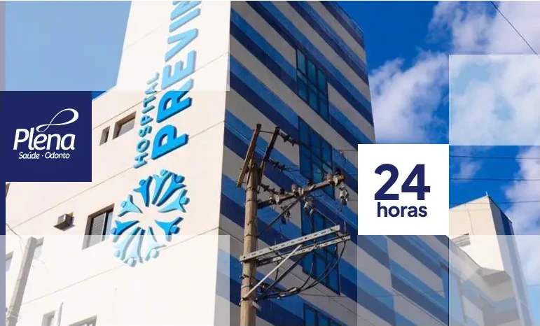 Fachada do Hospital Previna Mogi das Cruzes, da rede Plena Saúde, com o selo de atendimento 24 horas